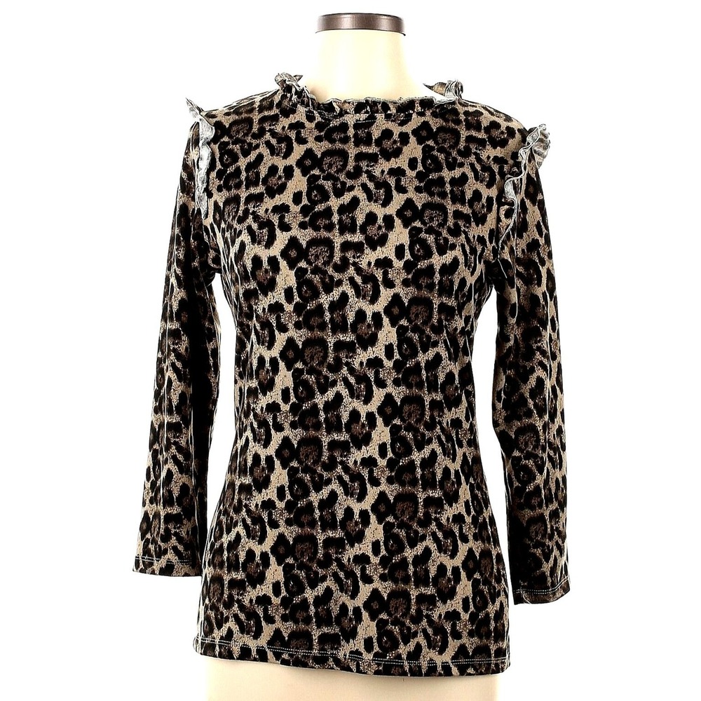 Hayden Top Women L Brown Leopard Print‎ Ruffle Blouse Whimsigoth 3/4 Slv NWOT